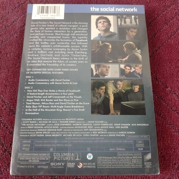 The Social Network - 2010 - Drama - Rated PG/13 - DVD - New Sealed - Picture 2 of 2